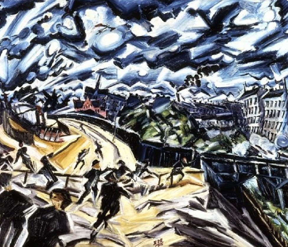 Letnapark's tweet photo. Dem Bürger fliegt vom spitzen Kopf der Hut,
In allen Lüften hallt es wie Geschrei,
Dachdecker stürzen ab &amp; gehn entzwei
&amp; an den Küsten – liest man – steigt die Flut.

11.1.1911: Jakob von #Hoddis, #Weltende erscheint in „Der Demokrat“
[Ludwig #Meidner, 1913]/ https://t.co/qV7dFE1aqJ