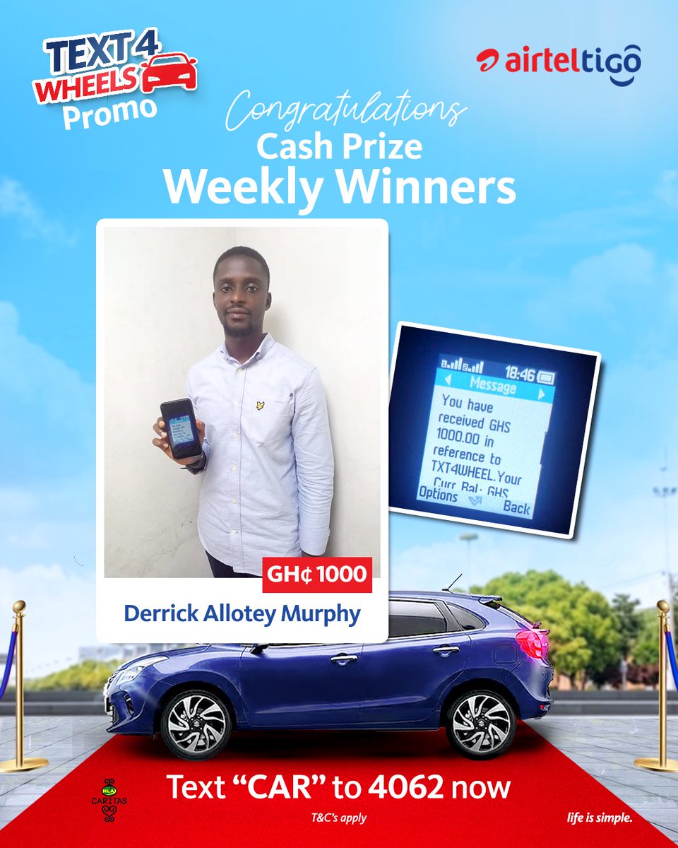 theatghana's tweet photo. More and more winners are being rewarded each week. You too can participate by sending 'CAR' to 4062.
Here's a catch😉, there's a brand new 2022 Suzuki Baleno to be won at the end of the promo. Don't be left out!
#LifeIsSimple #UseAirtelTigo #Text4Wheels https://t.co/wMkAPocFkL