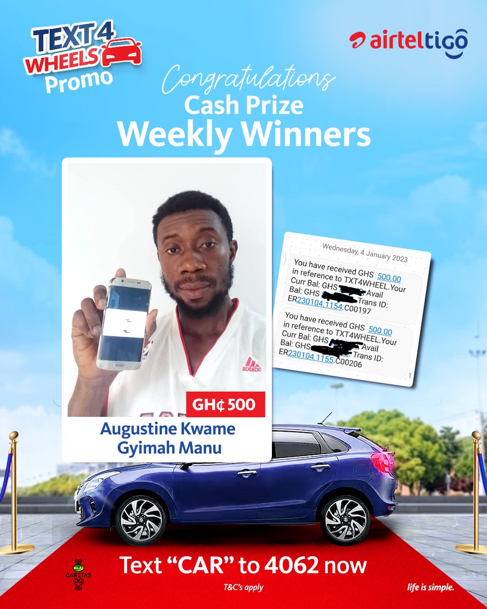theatghana's tweet photo. More and more winners are being rewarded each week. You too can participate by sending 'CAR' to 4062.
Here's a catch😉, there's a brand new 2022 Suzuki Baleno to be won at the end of the promo. Don't be left out!
#LifeIsSimple #UseAirtelTigo #Text4Wheels https://t.co/wMkAPocFkL