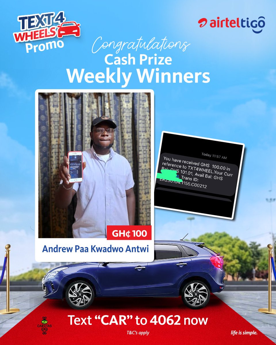 theatghana's tweet photo. More and more winners are being rewarded each week. You too can participate by sending 'CAR' to 4062.
Here's a catch😉, there's a brand new 2022 Suzuki Baleno to be won at the end of the promo. Don't be left out!
#LifeIsSimple #UseAirtelTigo #Text4Wheels https://t.co/wMkAPocFkL