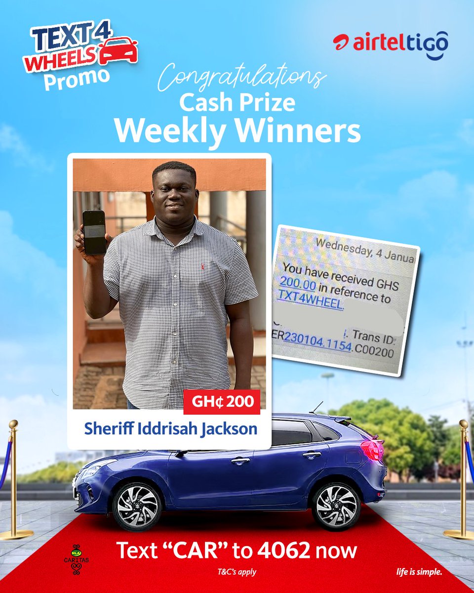 theatghana's tweet photo. More and more winners are being rewarded each week. You too can participate by sending 'CAR' to 4062.
Here's a catch😉, there's a brand new 2022 Suzuki Baleno to be won at the end of the promo. Don't be left out!
#LifeIsSimple #UseAirtelTigo #Text4Wheels https://t.co/wMkAPocFkL