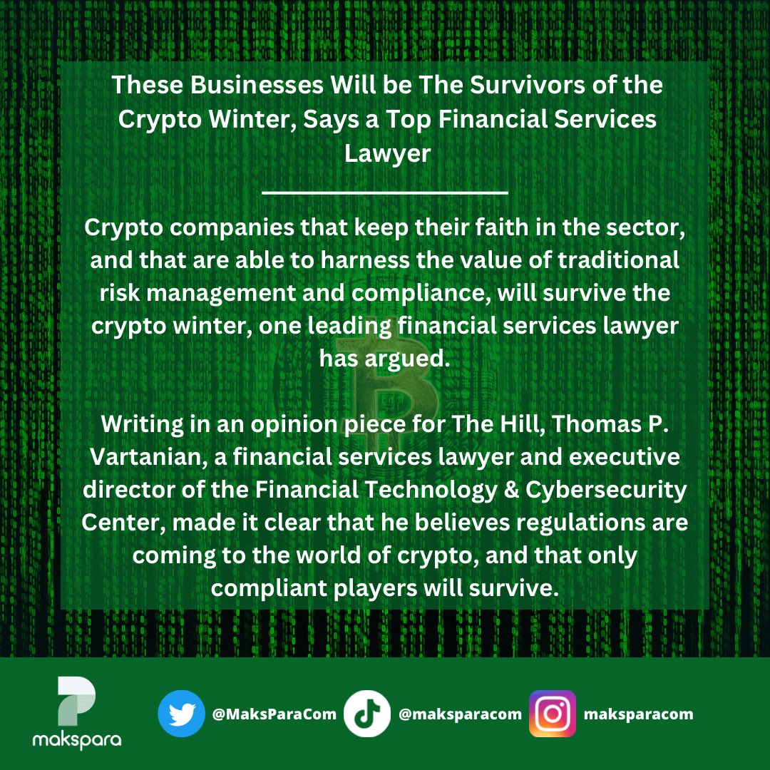 MaksParaCom's tweet photo. These Businesses Will be The Survivors of the Crypto Winter, Says a Top Financial Services Lawyer #crypto #cryptowinter #cryptonews #cryptotrading #trading #nft #blockchains #metaversenft https://t.co/SdpMXRSbyc