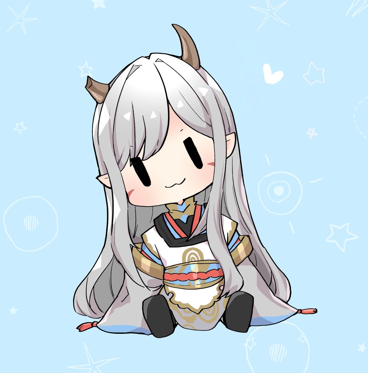 horns solo japanese clothes chibi pointy ears long hair sitting  illustration images