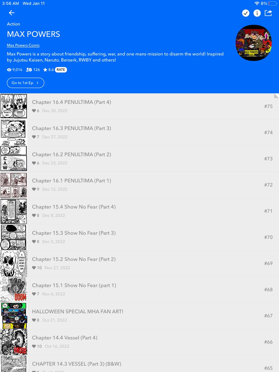 MaxPowersComic's tweet photo. #MaxPowersComic is at 126 subs on #WebtoonCanvas THANKS 4 ALL THE SUPPORT VOLUME 3 IS COOKING AND ITS LOOKING JUICY! <3 #indiecomics #superheroes #GoldenGlobes #GoldenGlobes2023 #webcomics #comics #manga #anime https://t.co/L4SC8xfXFw