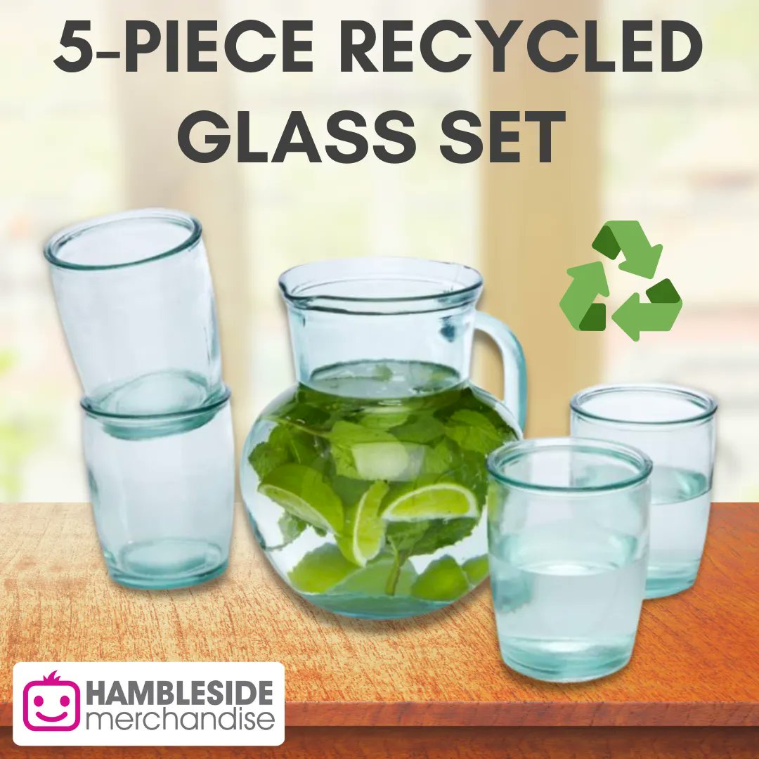 5-piece recycled glass set featuring one 2.3 litres jar and four 430 ml cups. Made from 5 glass bottles. Recycled glass is manufactured using less energy and raw material.♻️
Laser engraving available to add professionalism to any conference room.  
Contact us today
#merchandise