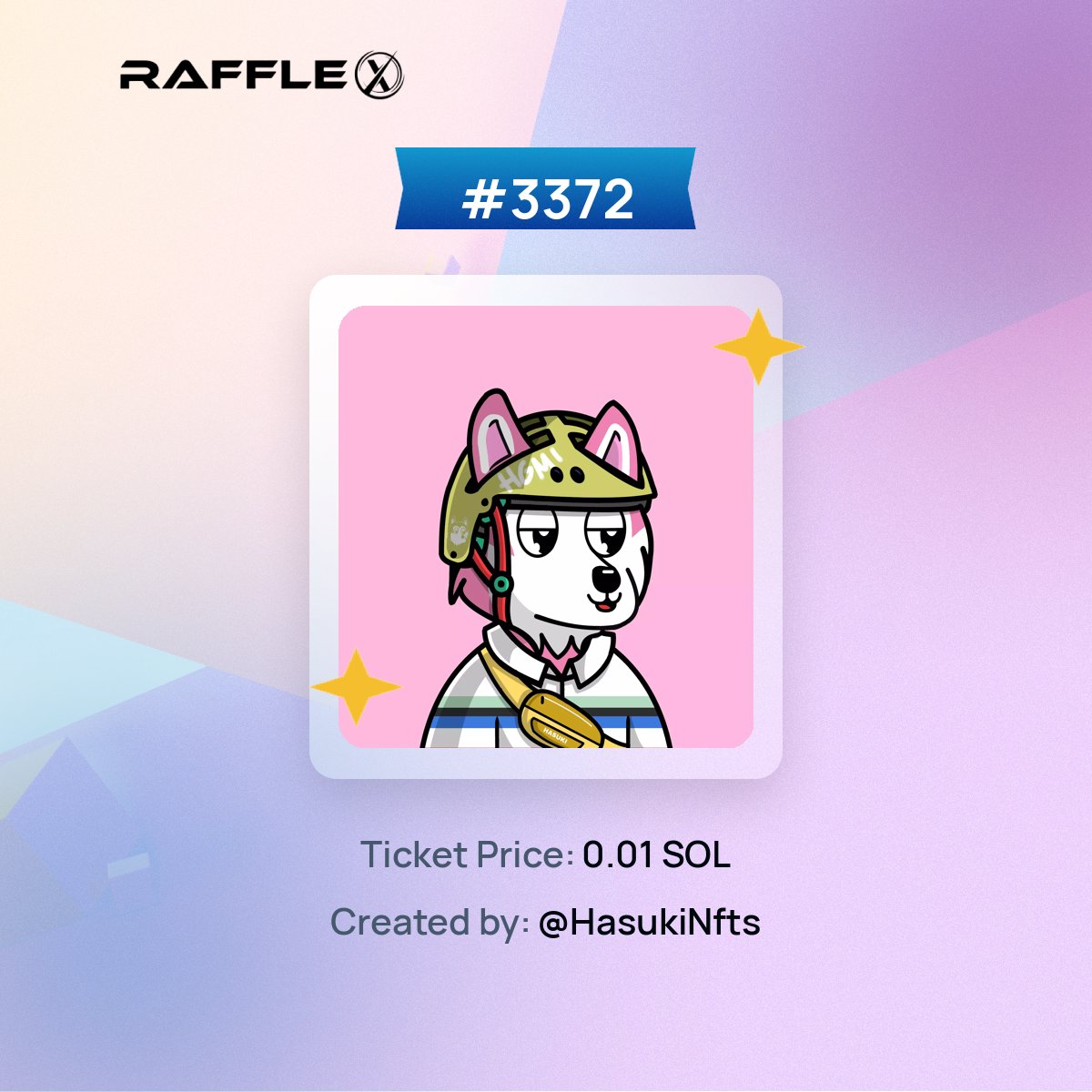 Raffle_X_live's tweet photo. @HasukiNfts just created a new #3372 NFT Raffle!
        
@HasukiNfts NFT is up for grabs!

Ticket Price : 0.01 SOL

Join the Raffle now: https://t.co/lzRkFjBHqu

#RaffleX #solana #NFT #NFTGiveaway https://t.co/cUotYot6A1