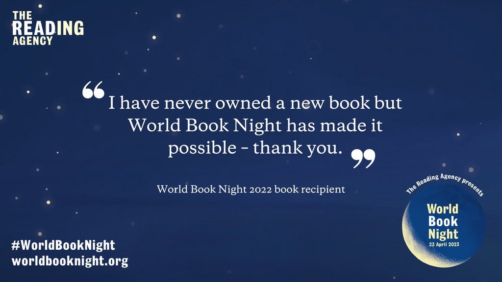 WorldBookNight's tweet image. “I have never owned a new book but World Book Night has made it possible – thank you.”

We have thousands of books to donate through charities, arts organisations, youth centres and more for #WorldBookNight 2023. Find out if your organisation is eligible: l8r.it/7Cgn