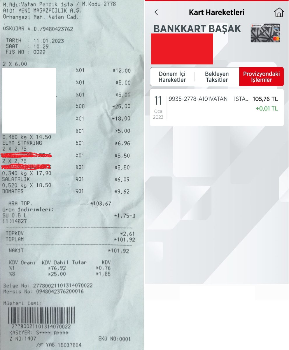 A yüzsüz 1 den elma salatalık domates aldık. 105,76 tl tuttu. kredi kartında problem oldu dediler yan kasadan tekrar geçti aynı ürünler 101,92 tl tuttu!!! <a href="/ticaret/">T.C. Ticaret Bakanlığı</a> <a href="/mehmedmus/">Dr. Mehmet Muş</a> lütfen teraziyi test edin! kalibrasyon belgesini kontrol edin <a href="/ahmetcinpendik/">Ahmet Cin</a> <a href="/Pendikzbita/">Pendik Zabita</a>  <a href="/A101iletisim/">A101İletişim</a>