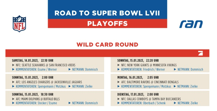 Nur noch 12 Spiele bis zum #SuperBowlLVII. Alle Playoff-Games live auf @ProSieben @ransport und @JoynDeutschland ab Samstag, 22:10 Uhr. #ranNFL #RoadtoSuperBowl