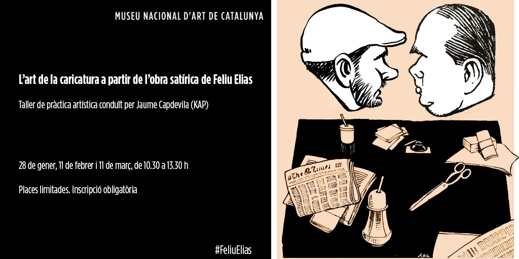 MuseuNac_Cat's tweet photo. Apunta't al taller de caricatura satírica amb motiu de l'exposició de #FeliuElias que imparteix el dibuixant Jaume Capdevila (@kapdigital), especialista en història de la premsa satírica i que publica a @LaVanguardia i a @eljueves.
📅 28/1, 11/2 i 11/3
👉🏻 https://t.co/AYrGF89eAz https://t.co/Fo7fT6xWAG