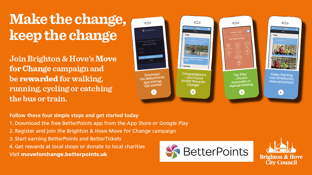 BrightonHoveBus's tweet photo. Join Brighton & Hove's Move For Change campaign with @BetterPoints and get rewarded for walking, cycling and using the bus or train. #BHCC #BetterPoints
https://t.co/NooZDUtiqY https://t.co/VPzmtdOAwF