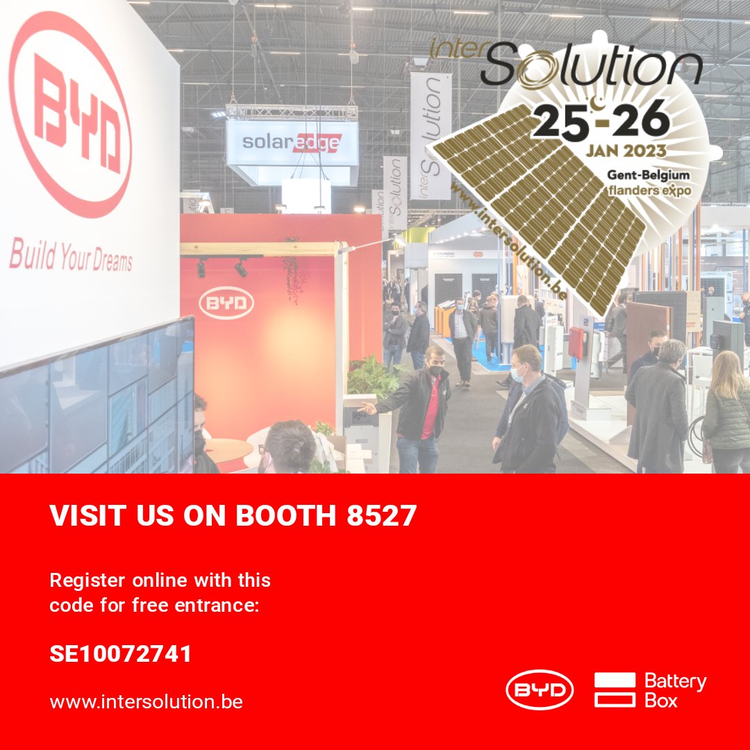 BYD_BatteryBox's tweet photo. Meet the BYD Battery-Box team at #Intersolution (booth 8527) from Jan 25th–26th to see our energy storage solutions and the Battery-Max Lite. We are happy to discuss your storage needs and the latest features and application options of the #BYD systems ☀️ 🔋 ⚡ #batterystorage https://t.co/drHRK1lkYU