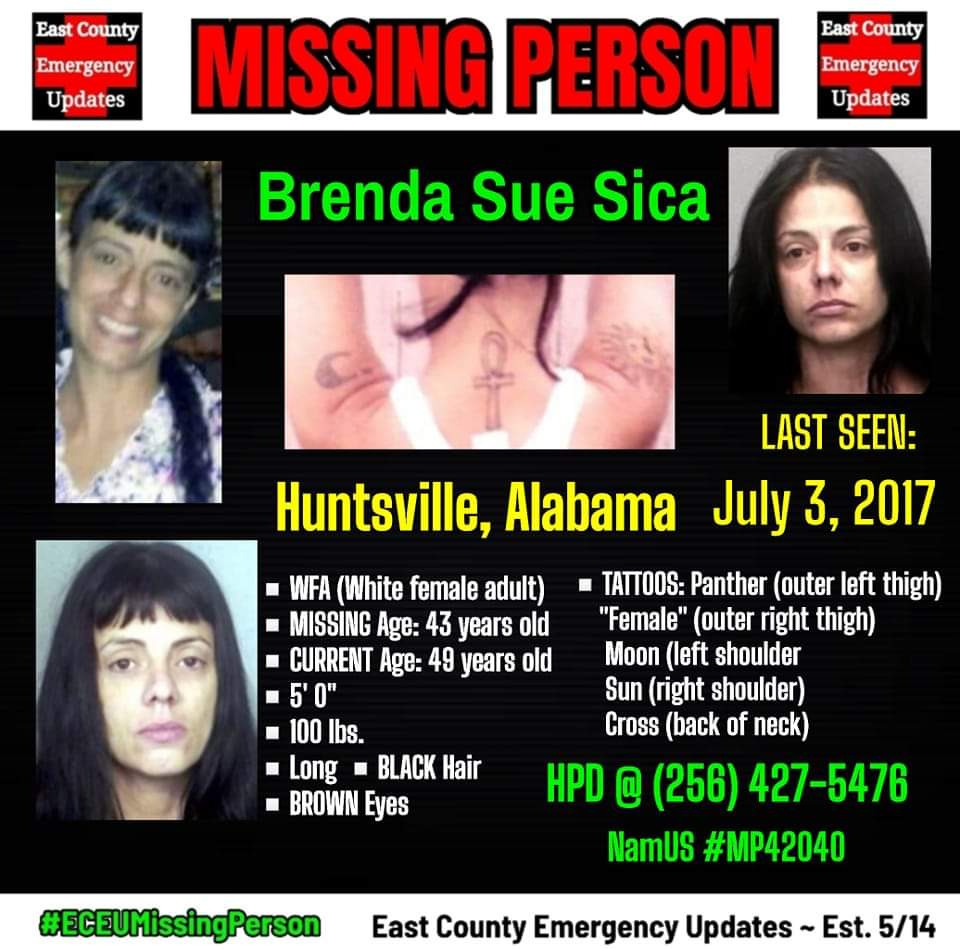 ECEU619's tweet photo. #MISSINGPERSON:  BRENDA SUE SICA was last seen on 7/3/2017 in HUNTSVILLE, ALABAMA &amp; is been classified as ‼️ENDANGERED MISSING‼️ &amp; described as....⤵️ #ECEU #InfoNEEDED #ECEUMissingPerson #NamUS42040 #BOLO #BrendaSica
#SheCouldBeANYWHERE #HelpFindBrenda
https://t.co/pJiUgvJSx6 https://t.co/E12gxT1vlj