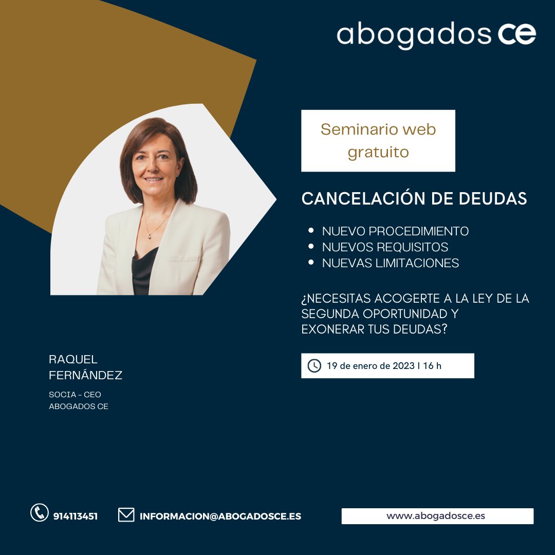 💻 #webinargratuito: Cancelación de deudas
📝 19 enero
🕓 16:00 hs
🗣📢 Ponente: Raquel Fernández
🔗 Apúntate: attendee.gotowebinar.com/register/57168…
¡¡Te esperamos!!

#abogados #abogadosce #empresarios #personafisica #deudas