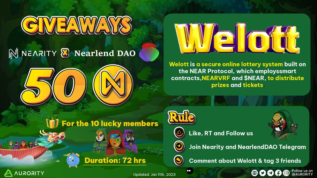 🎉Opportunity✨NEARITY X NEARLENDDAO #GIVEAWAY✨

🎁50 $NEAR for 10 lucky people

🛑72hrs &amp; Rules:
1️⃣👍, RT &amp; FL <a href="/NearlendDao/">Nearlend DAO</a> &amp; <a href="/Nearity_org/">Nearity 🅝 | Create Without Limits</a>
2️⃣Join TG t.me/nearlenddao &amp; t.me/nearity
3️⃣Comment Welott &amp; tag 3 friends

#Aurority #Welott #NEAR #Giveaway #Airdrops