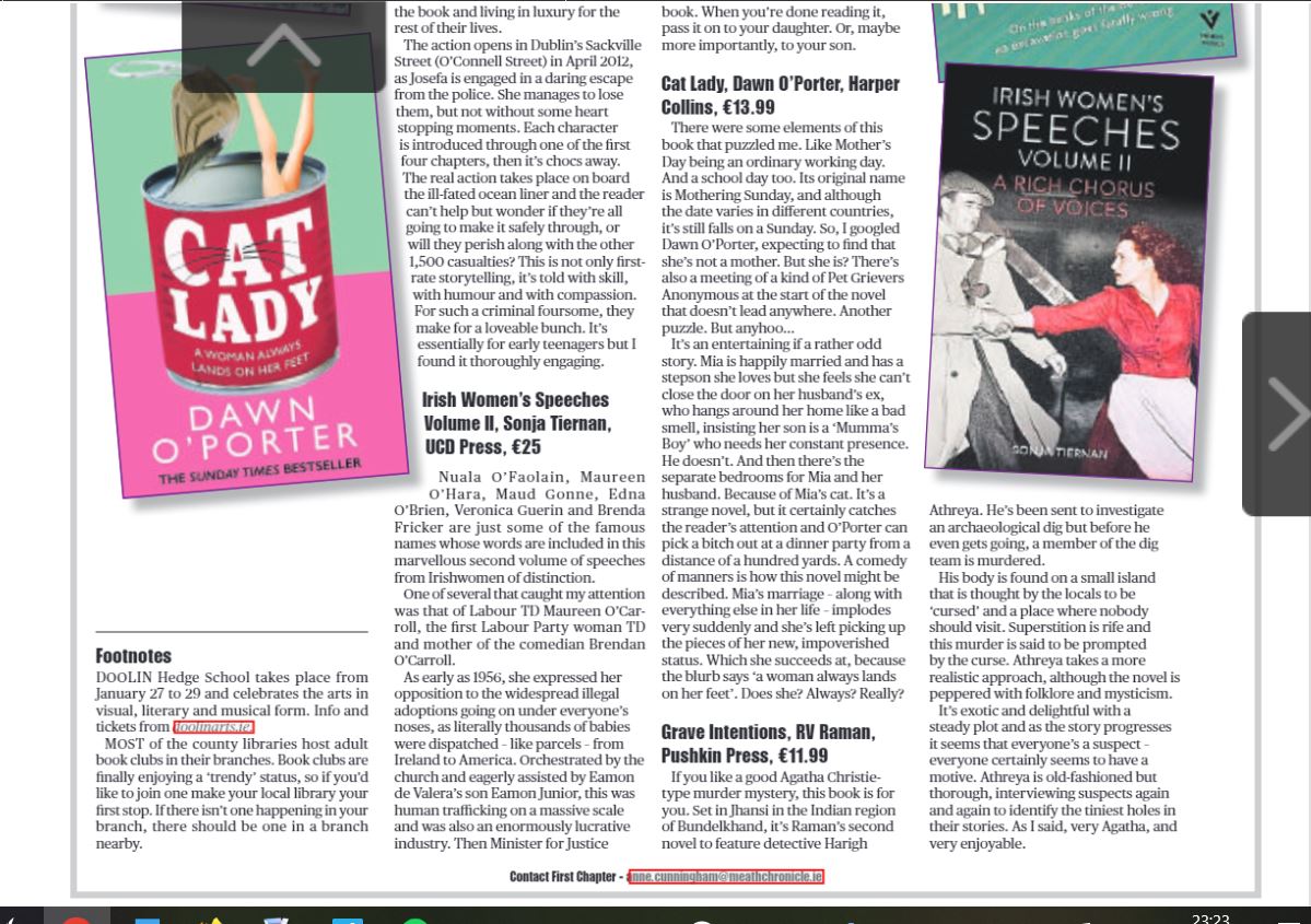 annecrecipes's tweet photo. Reviews of Adiba Jaigirdar's A Million to One, RV Raman's Grave Intentions, Dawn O'Porter's Cat Lady & Sonja Tiernan's Irish Women's Speeches II in this wk's Chronicle & other papers @DeirdreRobertsB @PushkinPress @HCinIreland @ElaineEgan_ @HodderBooks https://t.co/ZLFNLBBMzk