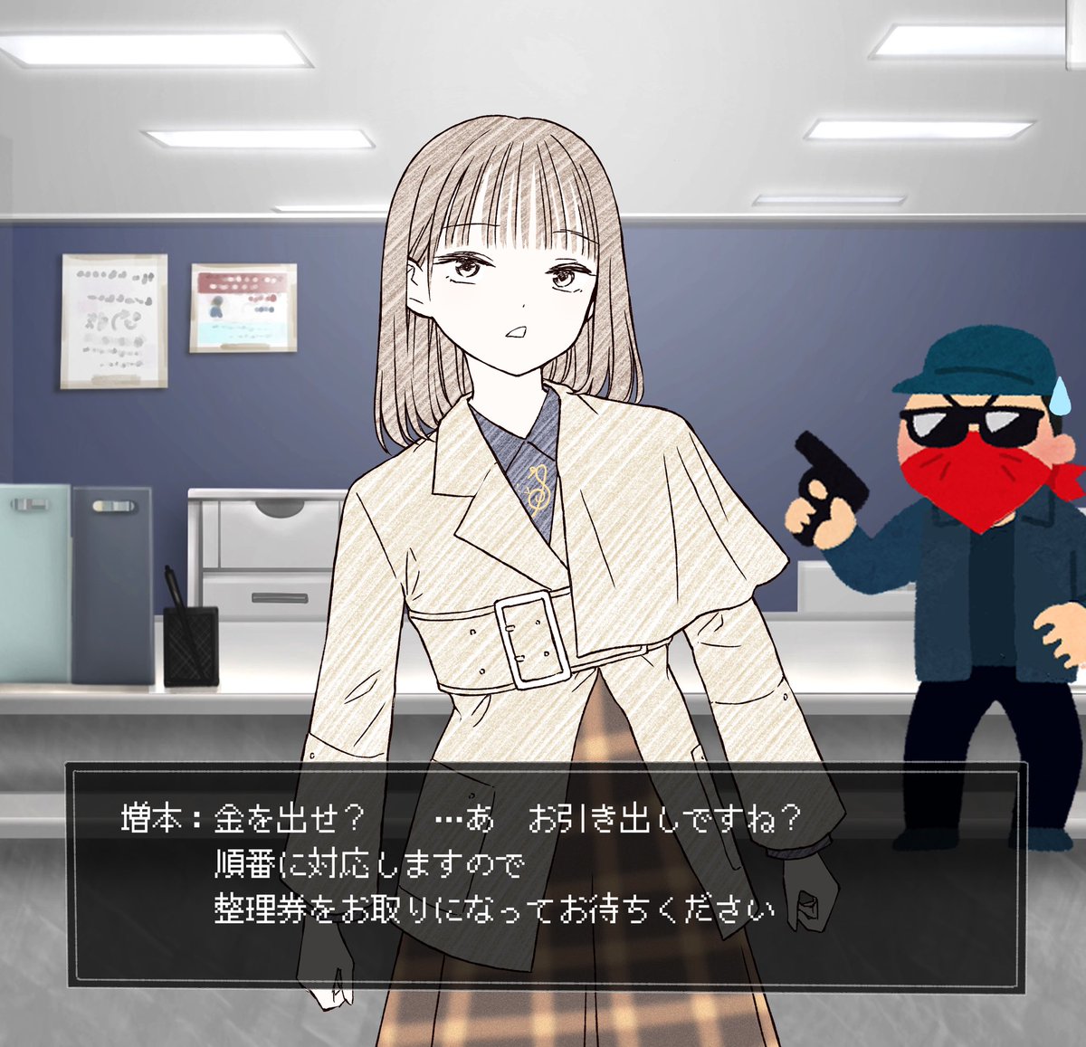 withkirako's tweet photo. 勤め先の銀行に強盗が来た綺良ちゃん https://t.co/VWbggcbzZa