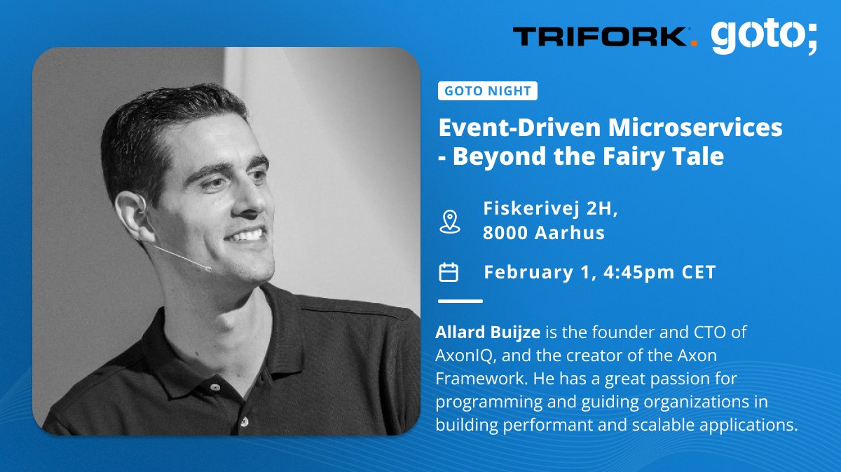 GOTOcon's tweet photo. Ready to source coding inspiration? Join us in Aarhus for the #GOTOnight on Feb 1 with @allardbz from @axon_iq where he will bust myths about #microservices
Learn why microservices and event-driven variants don’t deliver on the fairytale-like promises
https://t.co/qcaix0cC3m https://t.co/dlxpCallVJ