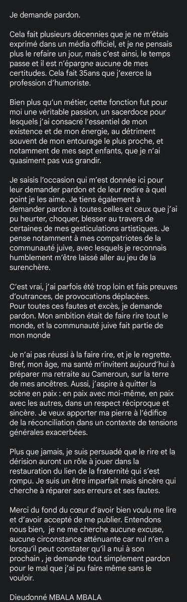 Le_Contexte's tweet photo. "Je demande pardon"
Dieudonné MBALA MBALA
10 janvier 2023
Lettre ouverte de Monsieur Dieudonné MBALA MBALA à André Darmon et à Israël Magazine
#Dieudonne

https://t.co/5kO7gnVROm https://t.co/Er6vrYhjQ2