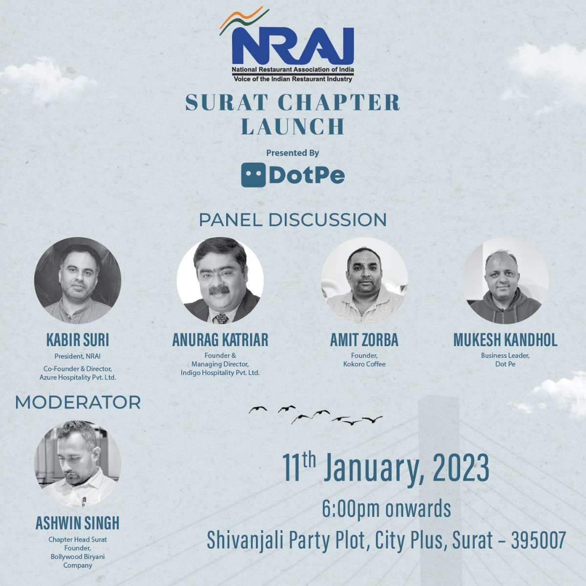 NRAI_India's tweet photo. NRAI is proud to announce the launch of our newest chapter in Surat on 11th January 2023.

Stay tuned for updates!

#NRAI #NRAISuratChapter #SuratChapter #ChapterLaunch #Restaurants #FoodIndustry #Networking #cloudkitchens
#opportunity #productivity #strategy #RestaurantIndustry https://t.co/pOd2fAVbUZ