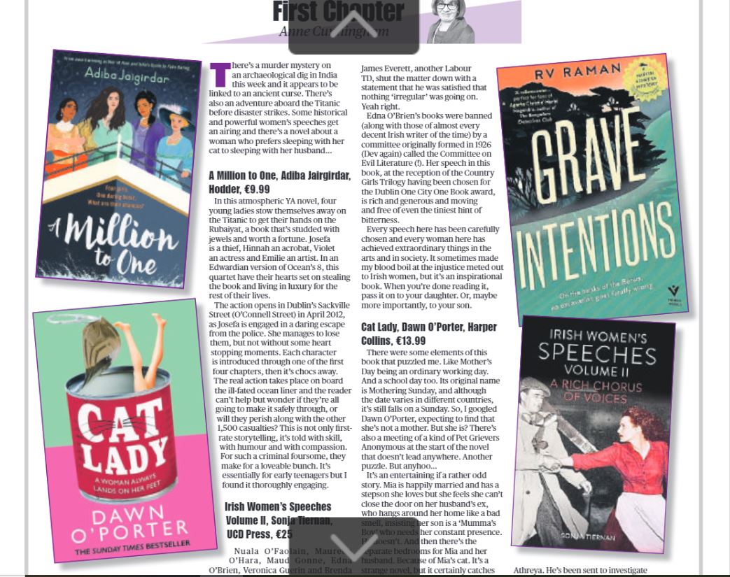 annecrecipes's tweet photo. Reviews of Adiba Jaigirdar's A Million to One, RV Raman's Grave Intentions, Dawn O'Porter's Cat Lady & Sonja Tiernan's Irish Women's Speeches II in this wk's Chronicle & other papers @DeirdreRobertsB @PushkinPress @HCinIreland @ElaineEgan_ @HodderBooks https://t.co/ZLFNLBBMzk