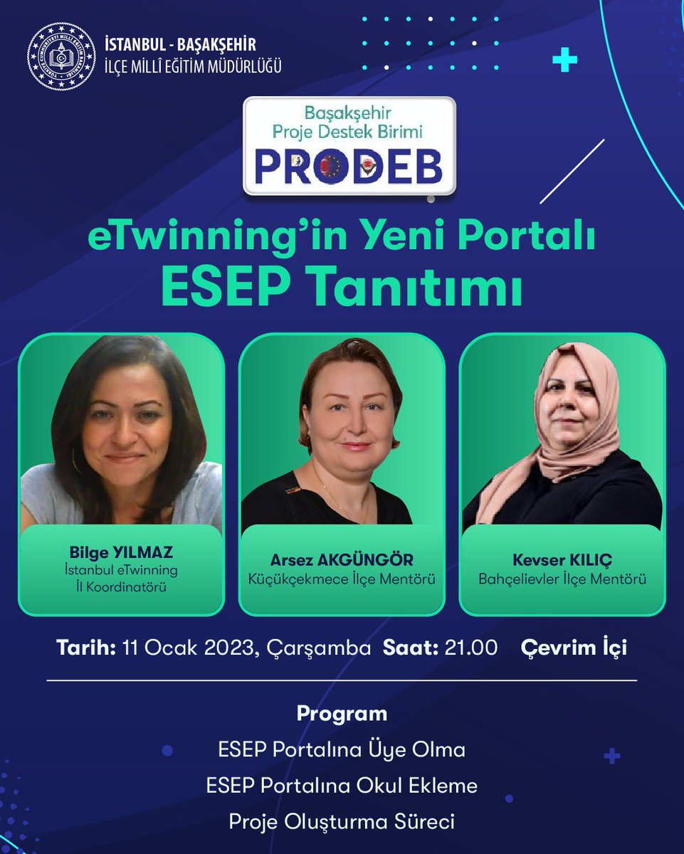 Başakşehir İlçe Milli Eğitim Müdürlüğü eTwinning Eğitimleri devam ediyor.

🔈eTwinning Yeni Portal ESEP Tanıtım
📅11 Ocak 2023 Çarşamba/Bugün 
🕓21.00
🔗 meb.ai/6SfKh6

<a href="/istanbulilmem/">İstanbul İl Millî Eğitim Müdürlüğü</a> <a href="/memleventyazici/">Levent Yazıcı</a> <a href="/ist_arge/">İSTANBUL MEM AR-GE</a> <a href="/ErsahinMustafa/">Mustafa Erşahin</a> <a href="/Basaksehir_Mem/">Başakşehir İlçe Millî Eğitim Müdürlüğü</a> <a href="/mebproje/">Başakşehir Millî Eğitim Müdürlüğü Proje Birimi</a> <a href="/Prodebasaksehir/">BAŞAKŞEHİR MEM PROJE DESTEK BİRİMİ/PRODEB</a>