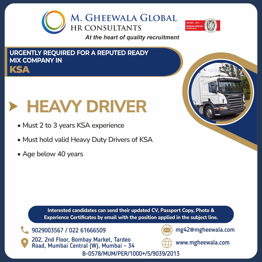 mgheewala_hrc's tweet photo. Job Vacancies for #Saudiarabia
Interested Candidates can send the updated resume to mg42@mgheewala.com
Learn More https://t.co/Ps4bxv2mB1
#jobsinsaudi #heavydriver #driver #saudiexperience #heavydutydriver #saudilicense #manpower https://t.co/SX5SEMB1qz