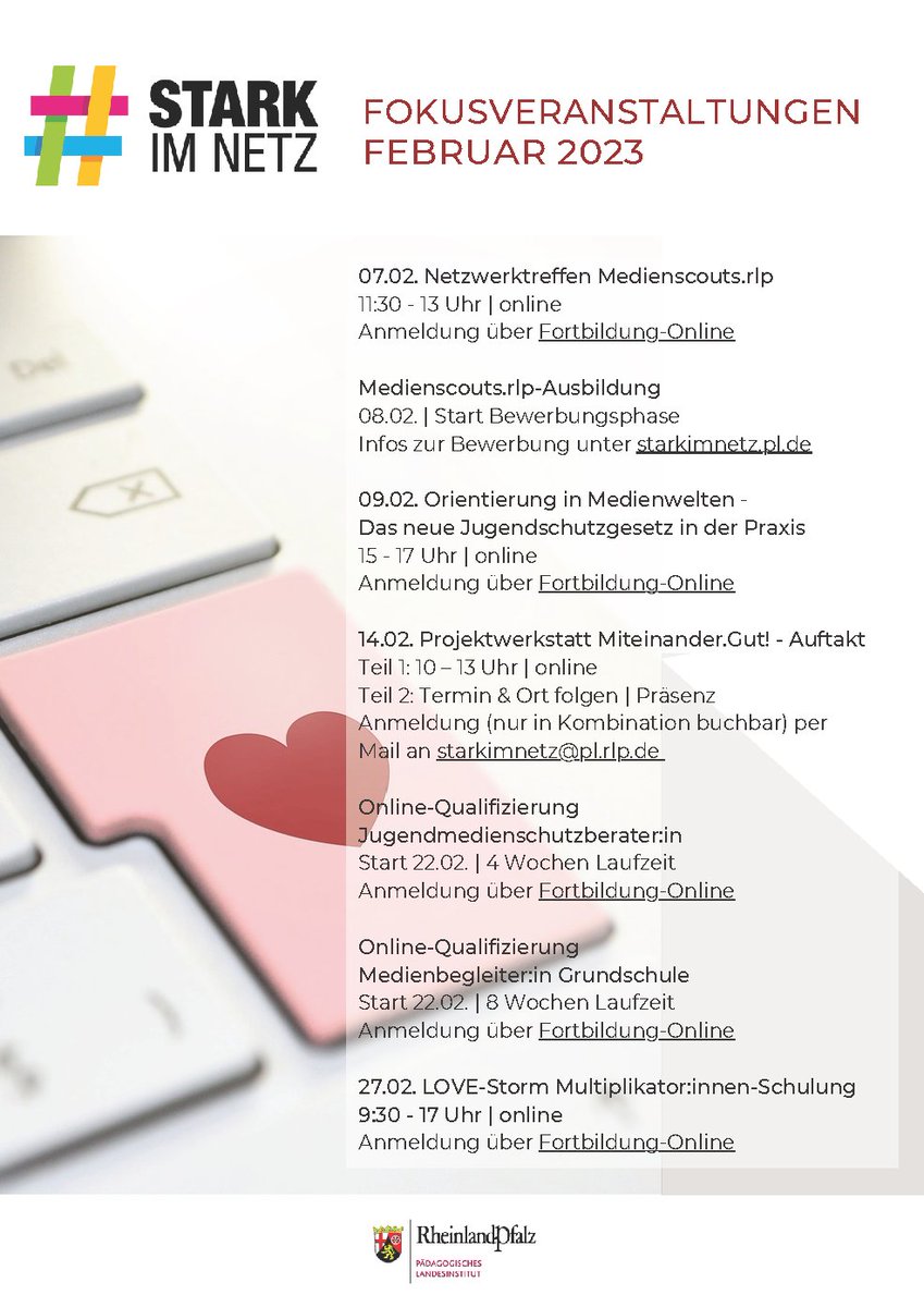 pl_rlp's tweet photo. #StarkimNetz unterwegs sind wir auch im Februar 2023, z.B. beim Netzwerktreffen #MedienscoutsRLP am 7.2. und dem Start der neuen Ausbildungsrunde am 8.2.
Am 9.2. geht es mit dem neuen Jugendschutzgesetz in der Praxis weiter. https://t.co/4Qy0g1In7y Stichwort Stark im Netz #stimtz https://t.co/MUL0QjvuV5