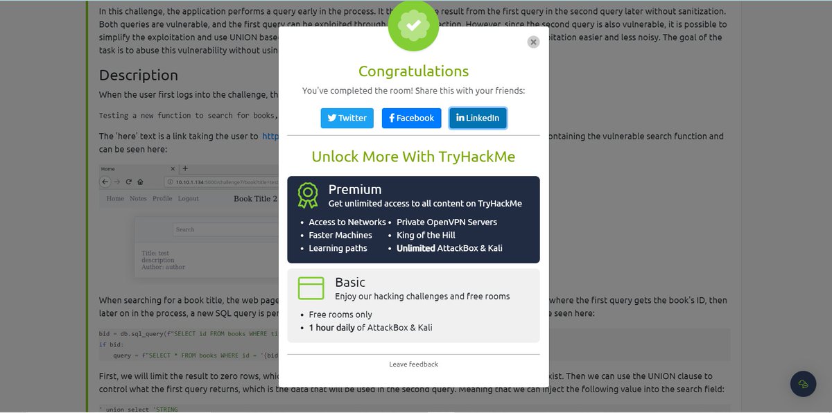 DhruvAg092003's tweet photo. Day 177: Complete another room of SQL Injection Lab on @tryhackme. This room is an introduction to SQL injection and demonstrates various SQL injection attacks.
#sql #injections #tryhackme #lab #broken_authentication #blind #injection https://t.co/zSeqER6VNP