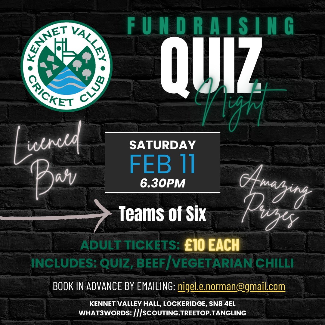 KennetValleyCC's tweet photo. @KennetValleyCC Kennet Valley Cricket Club KVCC Fund Raising Quiz night. Kennet Valley Hall 6:30pm Saturday 11th February 2023. Please register your team of 6 at nigel.e.norman@gmail.com 
@WiltsCricket @CricketBeehive #Wiltshire #Marlborough #Devizes #Calne https://t.co/rCT8zA2sR6