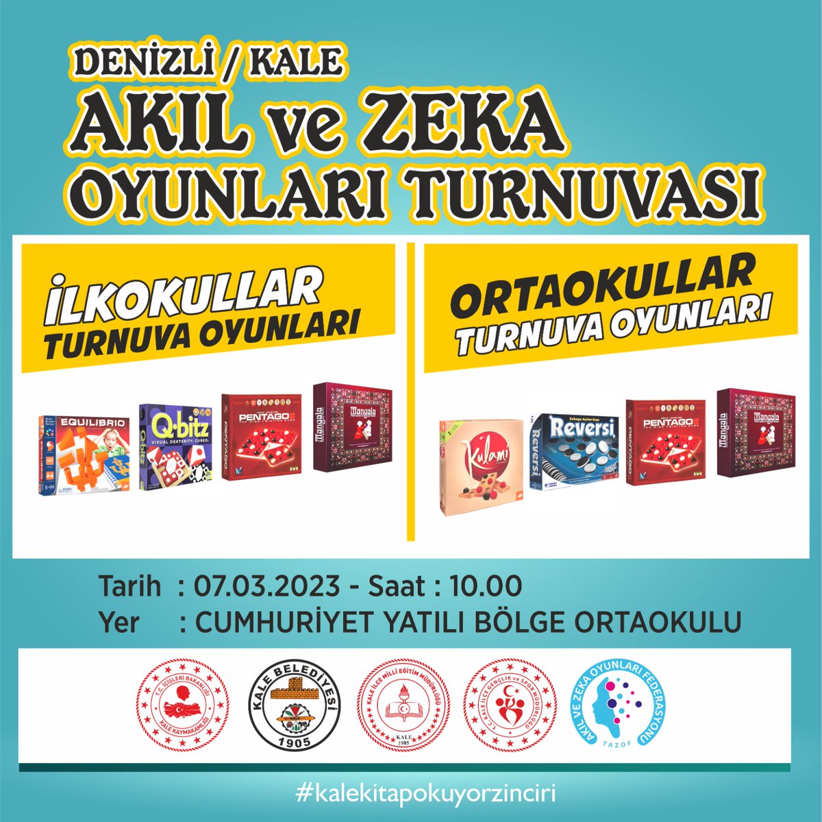 Kale Akıl ve Zeka Oyunlari  Turnuvası
Kale Kaymakamlığı, Kale Belediyesi, İlçe MEM ve İlçe Genclik Spor Müdürlüğü işbirliğinde yapılacaktır.Tüm yarışmacı  öğrencilerimize başarılar dileriz. 
#BİZİMEKİP
<a href="/KaleKaymakamlig/">Kale Kaymakamlığı</a>
<a href="/Kale_Belediyesi/">Kale Belediyesi</a>
<a href="/tuncay_morkoc/">Tuncay Morkoç</a> 
<a href="/ekicis20/">Süleyman EKİCİ</a> 
<a href="/AysegulGuzel11/">Aysegul Guzel-MEB</a>
