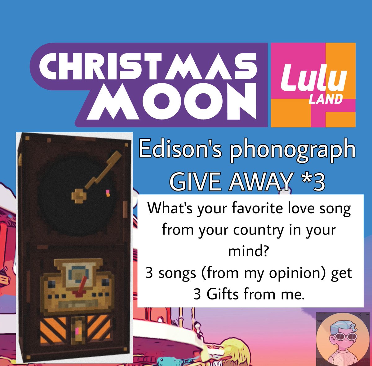 AK47hat's tweet photo. LuLuLander giveaway!🎁
1⃣Share your favorite love song from your country below
2⃣Follow @LuluLand_World @TheSandboxGame @borgetsebastien @ZeethaSittha
3⃣Tag 3 friends
Prize :
3 song that I like most will get Edison's phonograph.
✅Ends in 48 hrs. https://t.co/ndr7c3R7JV