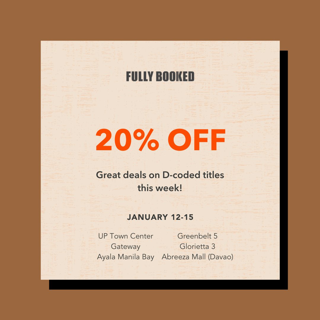 Treat yourshelves with great reads with your first pay of the year 📚 Swing by the following Fully Booked branches this weekend and get 20% off on D-coded items from January 12 to 15, 2023.