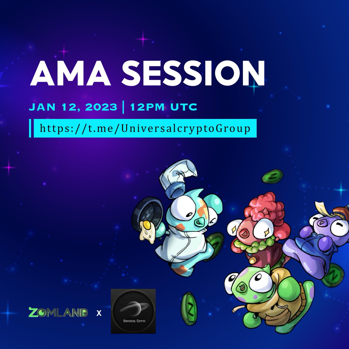 🔥 𝐙𝐨𝐦𝐥𝐚𝐧𝐝 𝐱 𝐔𝐧𝐢𝐯𝐞𝐫𝐬𝐚𝐥 𝐂𝐫𝐲𝐩𝐭𝐨 𝐀𝐌𝐀 🔥

Tune in to our AMA session with Universal Crypto to discover fascinating facts about Zomland and receive valuable rewards!

⏰ When: January 12, 2023 | 12pm UTC
📍 Where:  t.me/Universalcrypt…