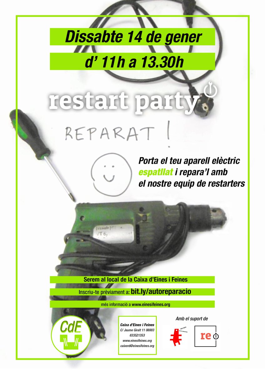CdEinesiFeines's tweet photo. Encara queden algunes places per a la nostra #restartyparty d'aquest dissabte!
Porta el teu aparell espatllat i posa'l a punt amb l'ajuda dels nostres reparadors.
És gratuït, inscriu-te aquí: https://t.co/gdkkIdC4q7 https://t.co/S5Q8iBGiCL