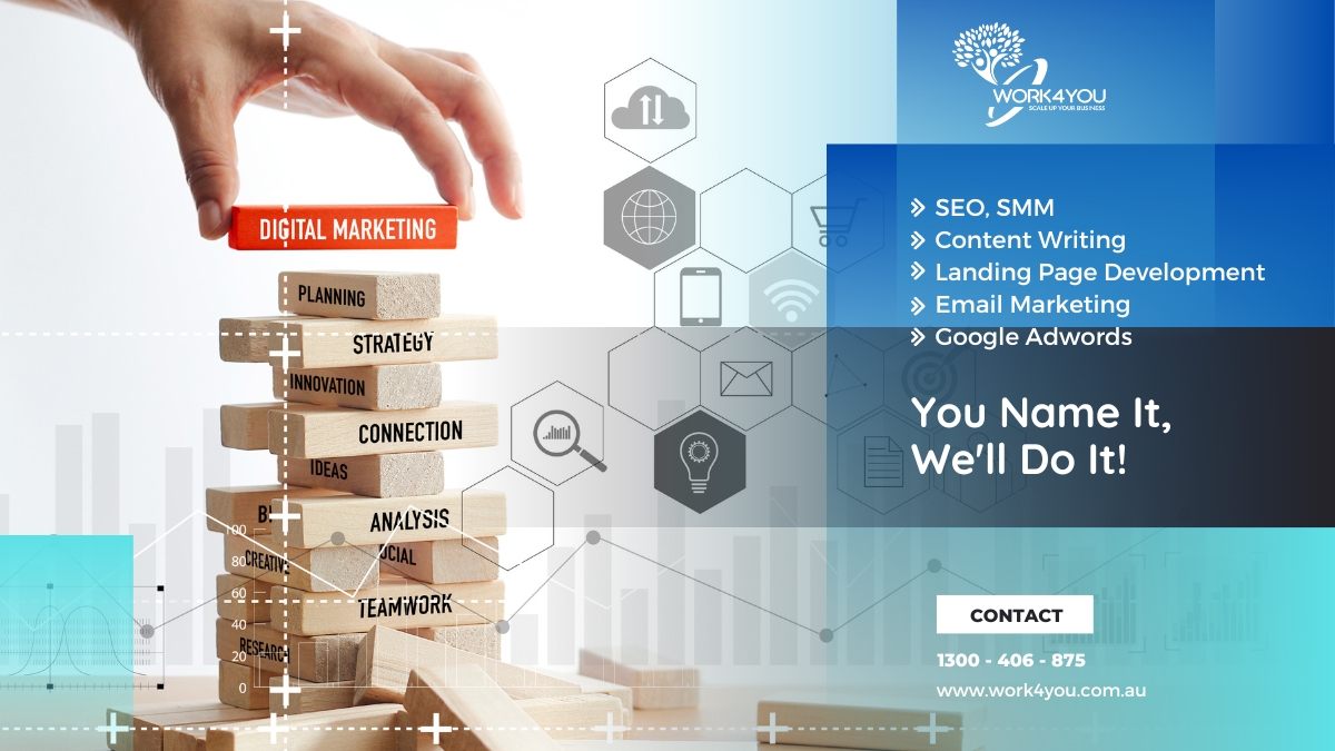 ➡️ You Name it, We'll Do it!

✔ SEO, SMM
✔ Content Writing
✔ Landing Page Development
✔ Email Marketing
✔ Google Adwords

Visit us -
🔗 work4you.com.au/digital-market…

Call us -
📞 1300406875

#Work4You #digitalmarketing #serviceprovider #seoexpert #contentwriting #Strategy