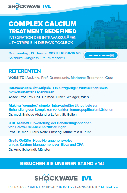 ShockwaveIVL's tweet photo. Seien Sie beim #PeripheralIVL Symposium dabei und lernen Sie mehr über den einzigartigen Wirkmechanismus der #ShockwaveIVL, den Einsatz bei #BTK & #FemPop Kalzifizierungen und beim Kalzium-Management von Iliaca & CFA! #LetsGetCracking at IROS 2023!
ISI https://t.co/sZ0NdzXNcV https://t.co/8SFCUlVUTt