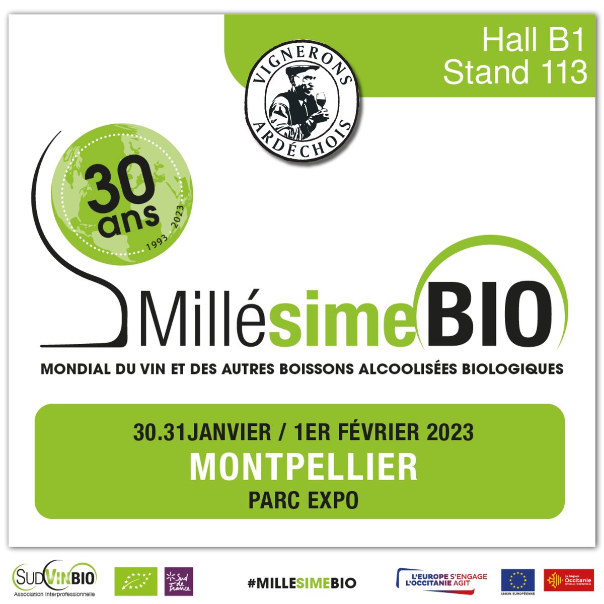 Vignerons_07's tweet photo. 🗓️ Retrouvez-nous sur le #salon @MillesimeBio - Hall B1 Stand 113 - du 30 janvier au 1er février ! 
#vigneronsardechois #millésimebio #vinsbio #vinsardeche #salonbio #salonmillésimebio 
@LesVinsArdeche - @Ardeche_07 - @Emerveilles07 https://t.co/cUU9ze7stt