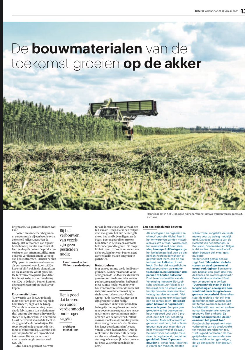 De bouwmaterialen van de toekomst groeien op de akker. Door groener te bouwen brengen we de uitstoot in de bouw omlaag en bieden we boeren perspectief op een nieuw verdienmodel. Goed voor boer, bouw en natuur.