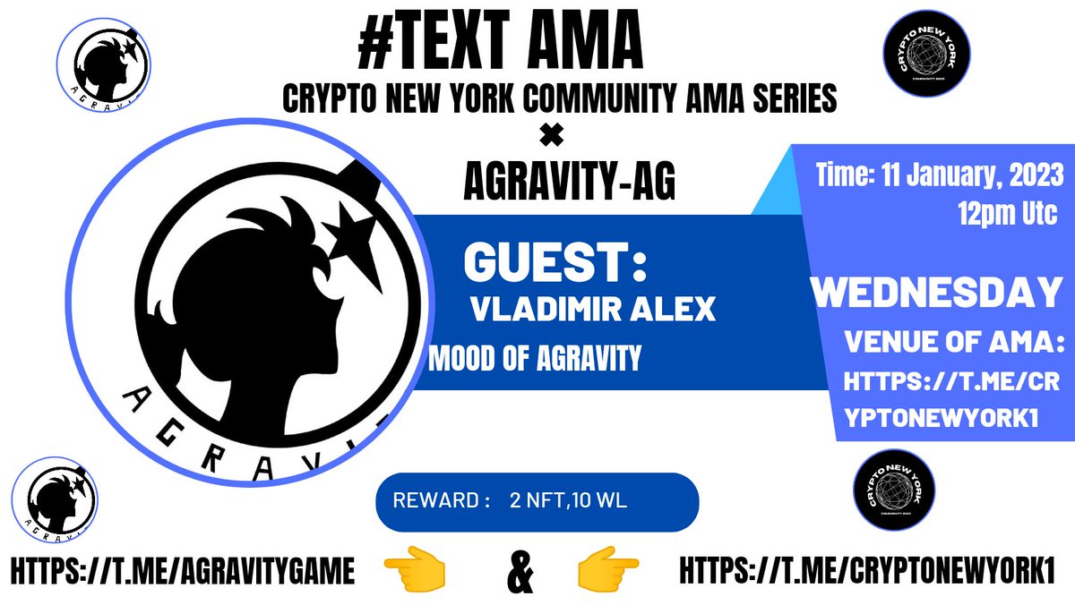 kbg_global's tweet photo. AMA Series With Agravity  

🎁Prize: 2 NFT 10 WL
📆Date: January 11th 2023 12 PM UTC
🏨 Venue: https://t.co/rVDjsbwXch

〽️ Rules:

1️⃣. Follow

@CryptoNewYork3 
&amp;
@agravityAG 

2️⃣. Like Retweet &amp; Comment Your Questions (3 Questions Max) Tag 3 friends https://t.co/BkY2gRogpz