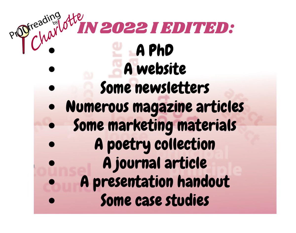 ProofreadingByC's tweet photo. In 2022 I proofread a whopping 304,669 words across a wide range of mediums. Most were returning clients, but I also gained a couple of lovely new ones 😊
If I can help you with any of these then do give me a shout!🙋♀️
#WorkWednesday #2022Summary #recap #proofreader #copyeditor https://t.co/vL30oho91m