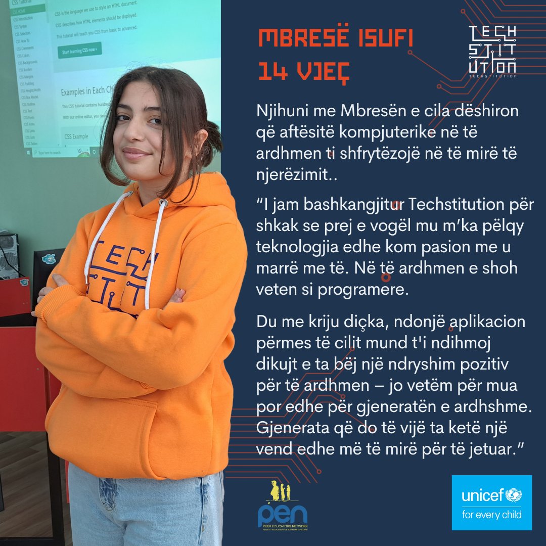 NGO_PEN's tweet photo. Njihuni me njërën nga Techstitutioneret tona 🌟😍!
Një agjente e ardhshme e ndryshimit pozitiv në shoqëri.
#GirlsinICT 👩💻
#Techstitution mbështetet nga @UnicefKosovo programme dhe implementohet nga PEN. https://t.co/iXiWnKaesd