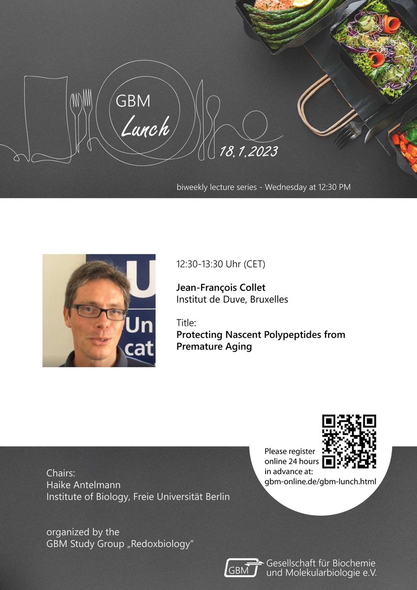 Save the date: 59th #GBMLunch on Jan 18, Jean-François Collet, Institut de Duve, Bruxelles on „Protecting Nascent Polypeptides from Premature Aging”, organized by GBM Working Group #Redoxbiology, more information and registration at gbm-online.de/gbm-lunch.html