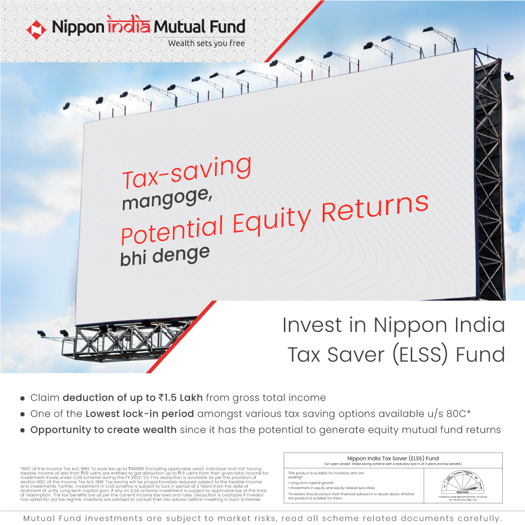 NipponIndiaMF's tweet photo. In search of a good tax-saving option?
ELSS Mutual Funds can be an Effective Low Lock-in period Solution. 
What's more, there may be a possibility of earning equity returns.
 
#ELSS #TaxSaving #EquityReturns #GoodGetsBetter https://t.co/vzctnFyFc2