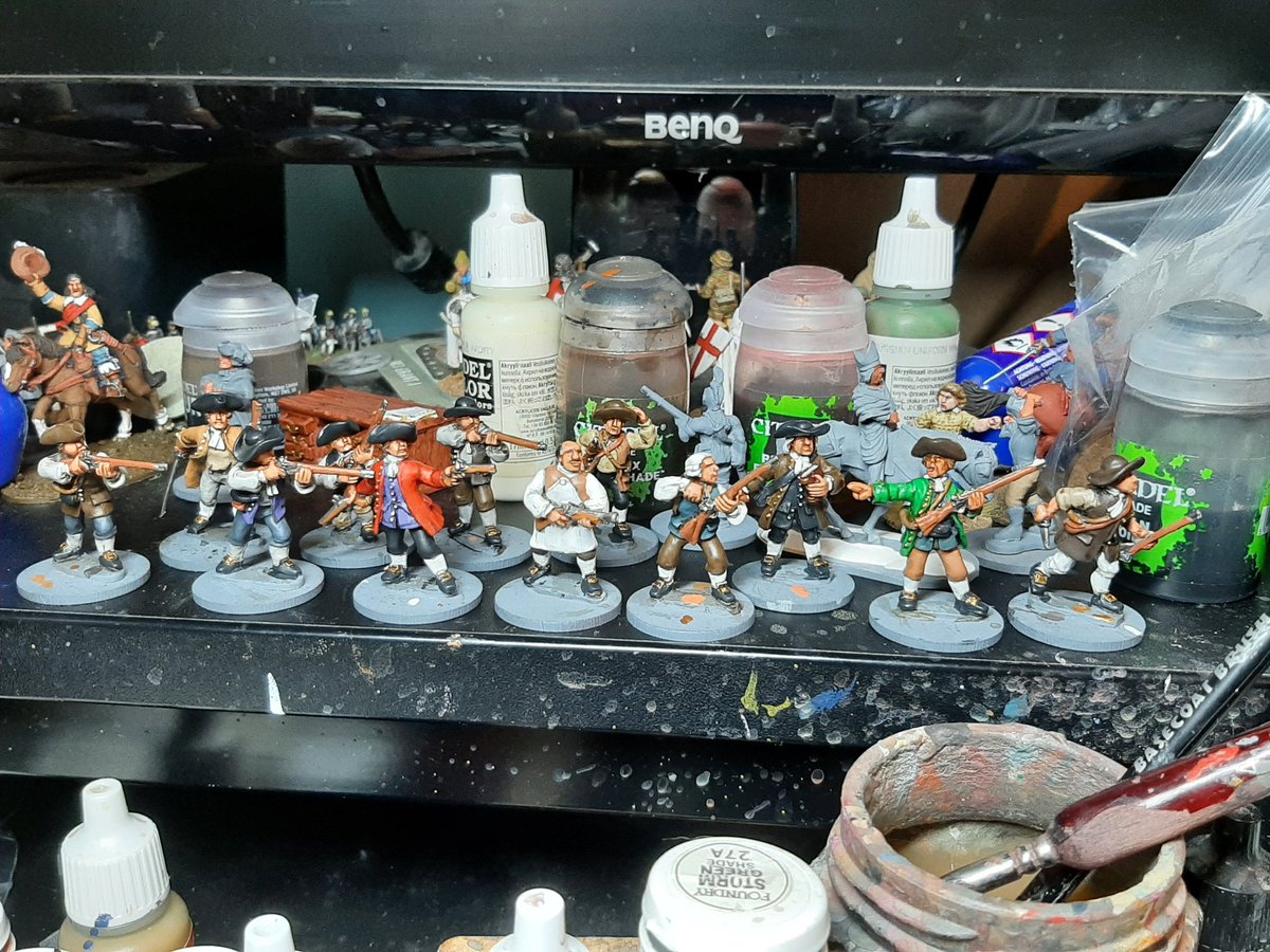 _EccentricMan's tweet photo. Trying to paint up some of my backlog before starting on this years projects. A unit of  #GallopingMajor settlers for the French Indian Wars.
#WIPWednesday https://t.co/rysILw8MC7