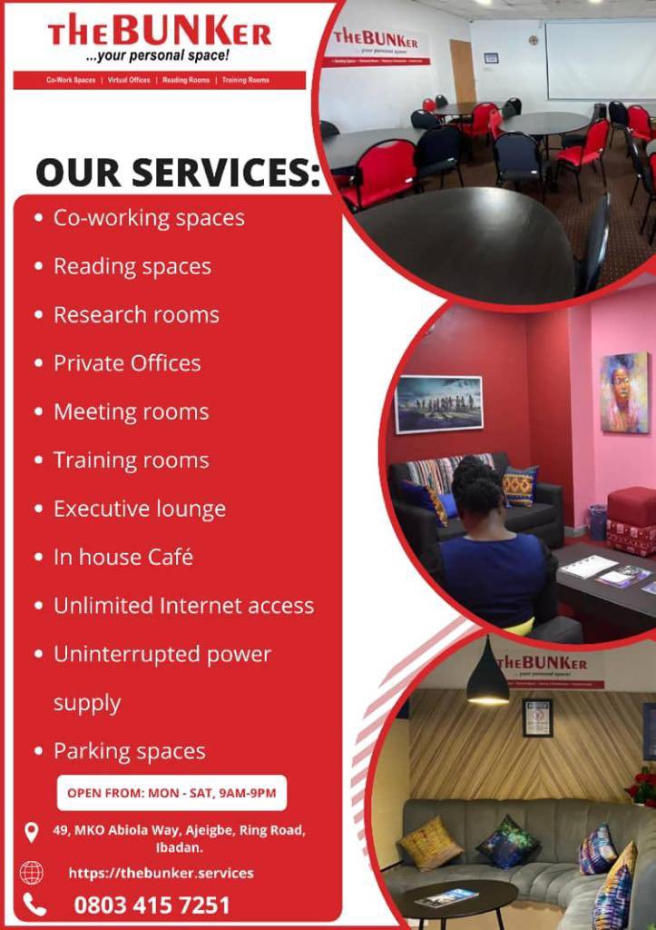 OlamideAlawode_'s tweet image. IBADAN…. You need a personal work space? Say no more The bunker Ibadan is your safe space. For more inquiries,Pls call Koyum-08034157251 Also available in Lekki,Yaba,Abuja,Abeokuta and Uyo. #personalworkspace #ibadan