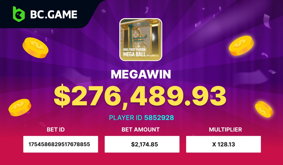 📣 #MEGAWIN 📣 Guess what? Once again, Mega Win! 🤩 BC.GAME’s latest winner just won $276,489.93! Crazy x128.13 Multiplier on First Person Mega Ball by @Evo_global He is the man, the myth, the legend 😎 Congratulations 🥳 on the insane hit! #MegaWin