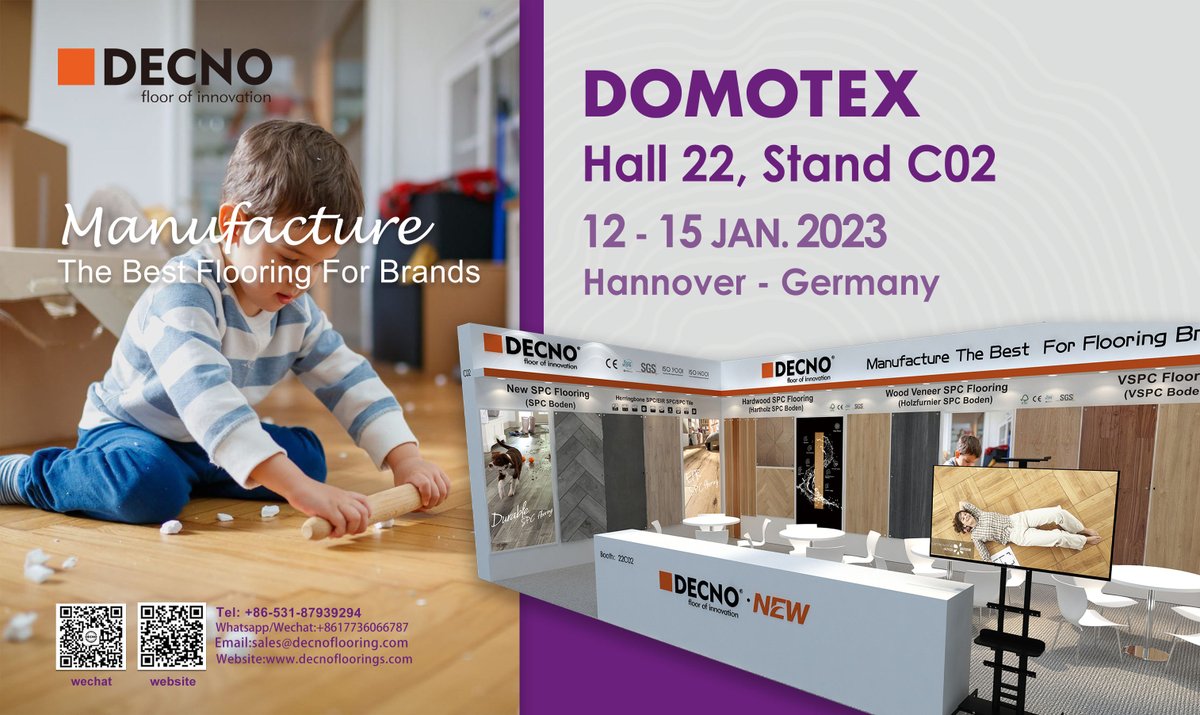 Flooring_SPC's tweet photo. #DOMOTEX and #DECNO are in your area.
#Hannover-Germany, 12-15 January 2023
Booth: #Hall 22, C02
#Hardwood #SPC Flooring (#WSPC #Flooring)
Herringbone SPC Flooring
SPC #Wall Panel
Meet DECNO, Meet Flooring Innovation.
sales@decnoflooring.com
https://t.co/Di8uNxD2Bz https://t.co/quMRBCD1uU
