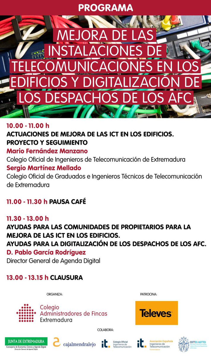 Digitalización Regional de Extremadura (@dgdigitalex) on Twitter photo Este viernes hablaremos en Badajoz con el Colegio de Administradores de Fincas sobre los #fondosMRR para #telecomunicaciones en comunidades de vecinos #ICTs y tb sobre las ayudas del #kitdigital de <a href="/redpuntoes/">Red.es</a>
<a href="/_minecogob/">Economía, Comercio y Empresa</a>
Inscripción: forms.gle/JnUAqxBtDQnzK4…
@Junta_Economia Este viernes hablaremos en Badajoz con el Colegio de Administradores de Fincas sobre los #fondosMRR para #telecomunicaciones en comunidades de vecinos #ICTs y tb sobre las ayudas del #kitdigital de <a href="/redpuntoes/">Red.es</a>
<a href="/_minecogob/">Economía, Comercio y Empresa</a>
Inscripción: forms.gle/JnUAqxBtDQnzK4…
@Junta_Economia