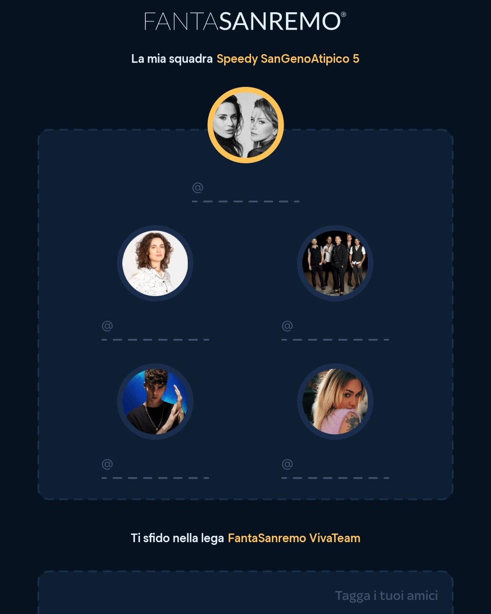 SpeedyDimy's tweet photo. Ed ecco #SpeedySanGenoAtipico5 5^squadra di @fantasanremo creata  per sfidare gli amici della @vivateam_anim

@paolaiezzi @chiaraIezzi
@rockmoda
@sonolamadame
#Shari 
#LDA
#VivaTeam #VivaTeamAnimazione #VivaTeamAnimation #FantaSanremo #FantaSanremo2023 #PaolaeChiara #Modà #Madame https://t.co/kBbkfSjHrN